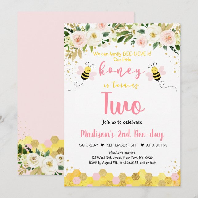 Bee Pink Gold Floral Girl Second Invitation (Front/Back)