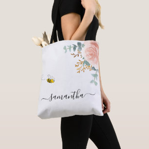 Bee pink rose gold floral name script tote bag
