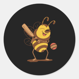 Bee Playing Cricket Classic Round Sticker
