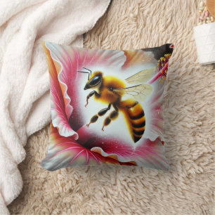 Bee Pollinating a Blooming Hibiscus Flower Cushion