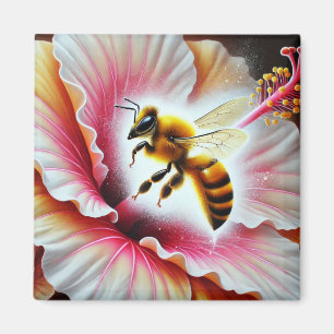 Bee Pollinating a Blooming Hibiscus Flower Magnet