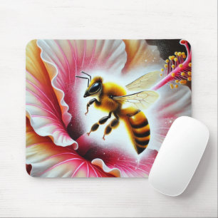 Bee Pollinating a Blooming Hibiscus Flower Mouse Pad