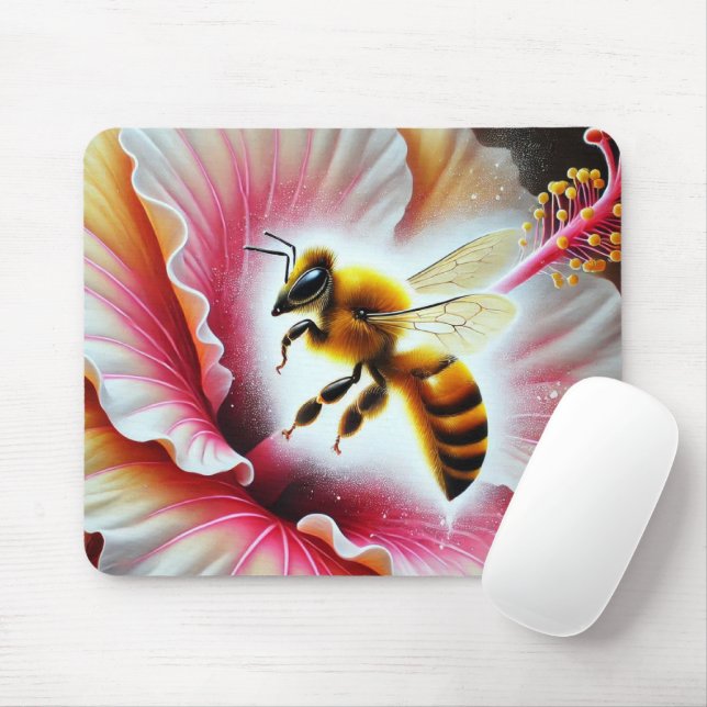 Bee Pollinating a Blooming Hibiscus Flower Mouse Pad (With Mouse)