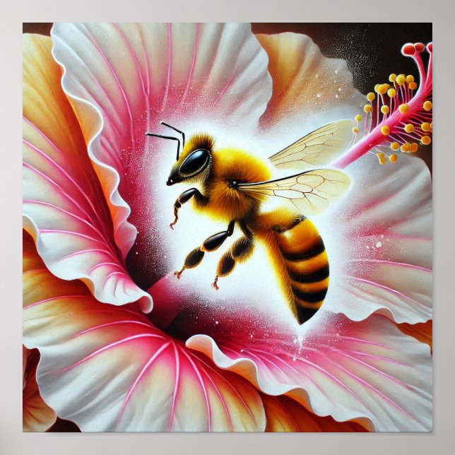 Bee Pollinating a Blooming Hibiscus Flower Poster (Front)