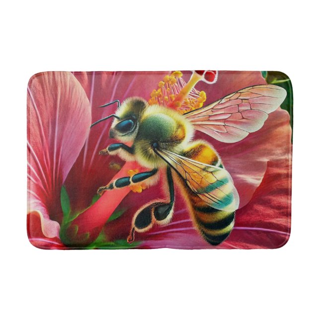 Bee Pollinating a Vibrant Hibiscus Flower Bath Mat (Front)