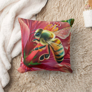 Bee Pollinating a Vibrant Hibiscus Flower Cushion