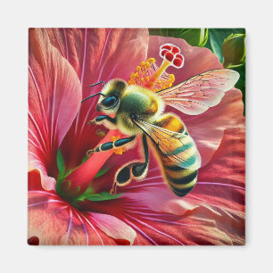 Bee Pollinating a Vibrant Hibiscus Flower Magnet