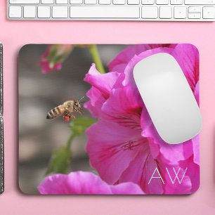 Bee Pollinating Pink Floral Monogram Mouse Pad