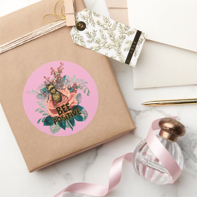 Bee Positive Floral Vibes Classic Round Sticker (Gifting)