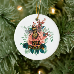 Bee Positive Floral Vibes Drawstring Bag Ceramic Ornament
