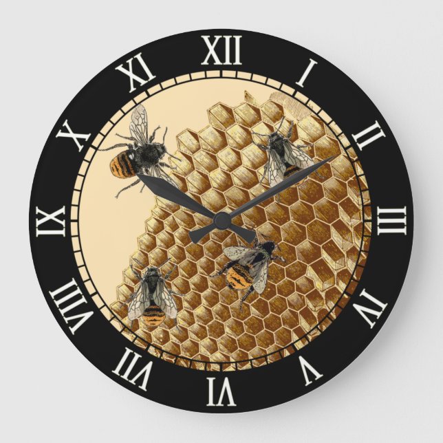 Bee Print, Honeycomb Illustration, Vintage Large Clock (Front)