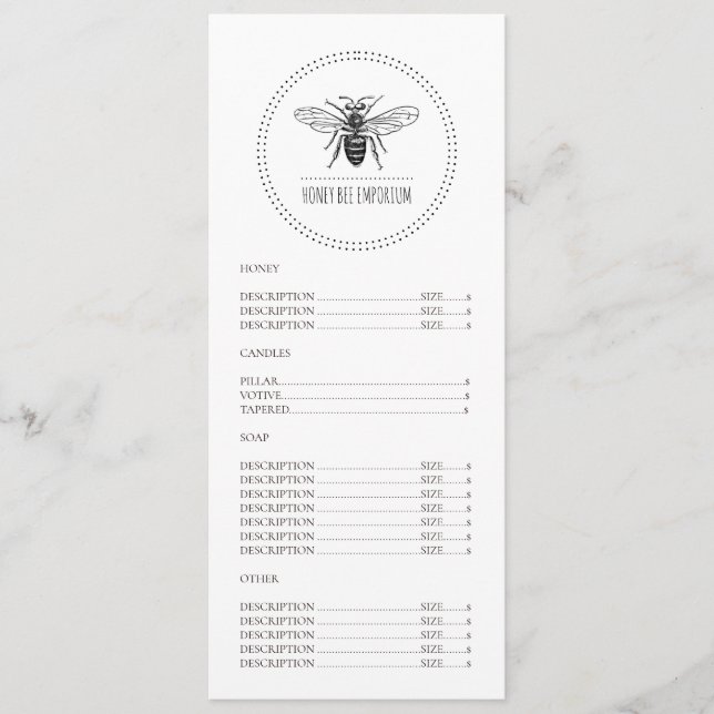 Bee Products Business Menu (Front)