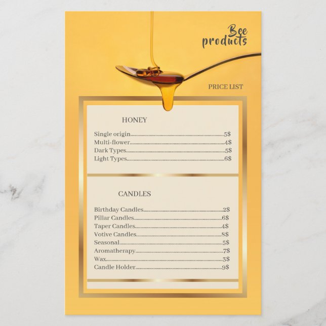 Bee Products Honey Candle Golden Frame Price List (Front)
