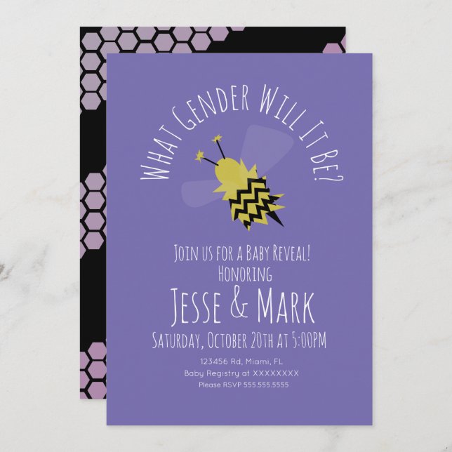 Bee Purple Black Gender Reveal Invitation (Front/Back)
