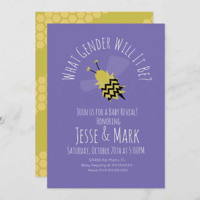Bee Purple Black Yellow Gender Reveal Invitation (Front/Back)