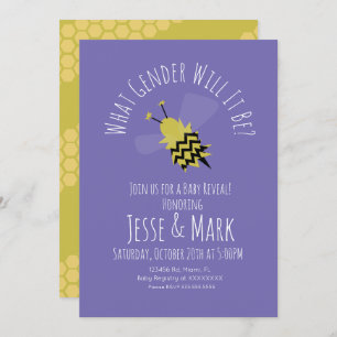 Bee Purple Black Yellow Gender Reveal Invitation