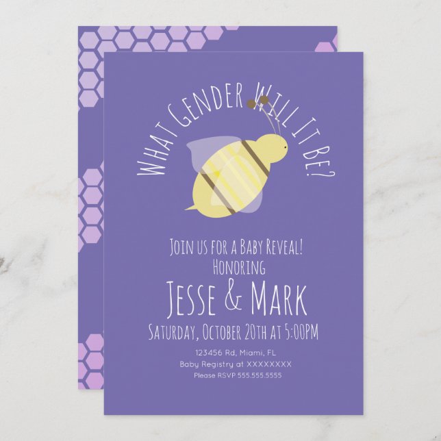 Bee Purple Yellow Gender Reveal Invitation (Front/Back)