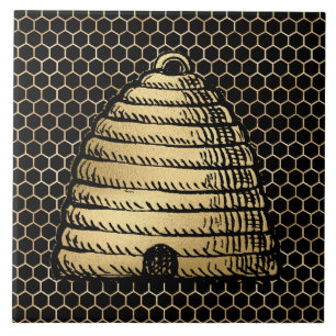 Bee Skep Hive Rustic Gold Honeycomb Black Ceramic Tile