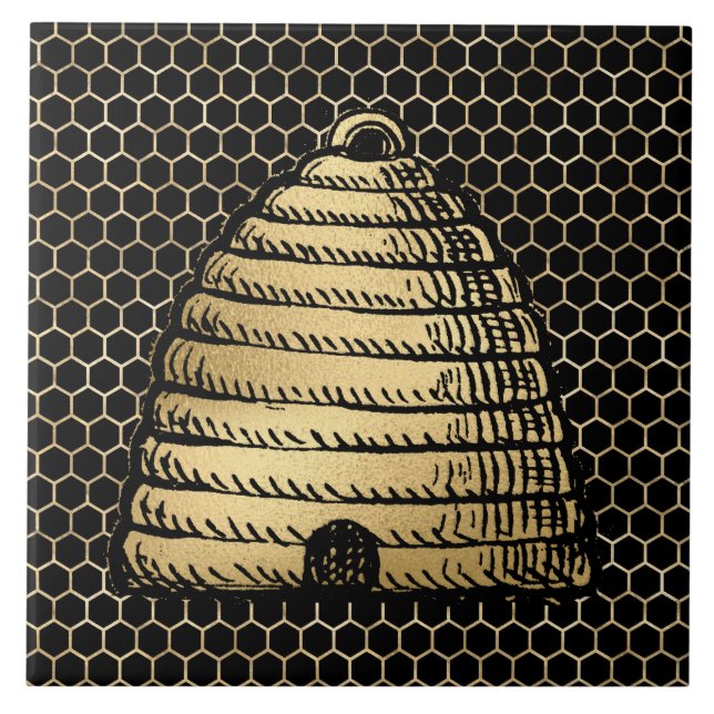 Bee Skep Hive Rustic Gold Honeycomb Black Ceramic Tile (Front)