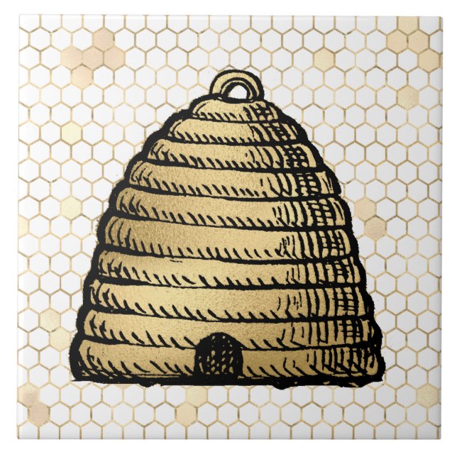 Bee Skep Hive Rustic Gold Honeycomb Ceramic Tile (Front)