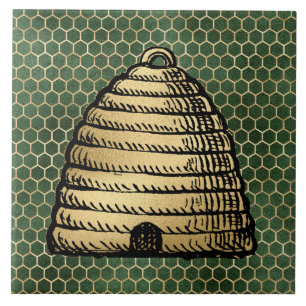 Bee Skep Hive Rustic Gold Honeycomb Green Ceramic Tile
