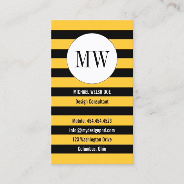 Bee Stripes Yellow and Black with Monogram Business Card (Front)