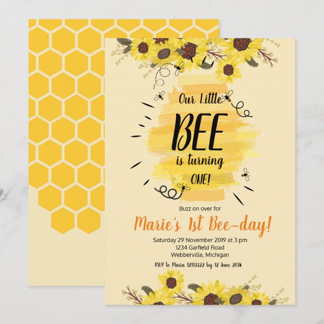 Bee Sunflower 1st Birthday Party Invitation (Front/Back)