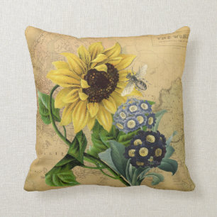 Bee Sunflower Floral & Vintage Map Cushion