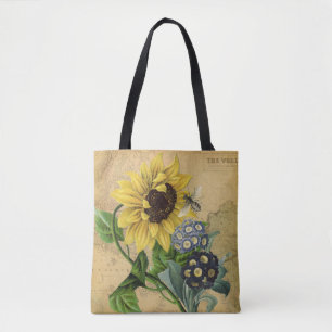 Bee Sunflower Floral & Vintage Map Tote Bag