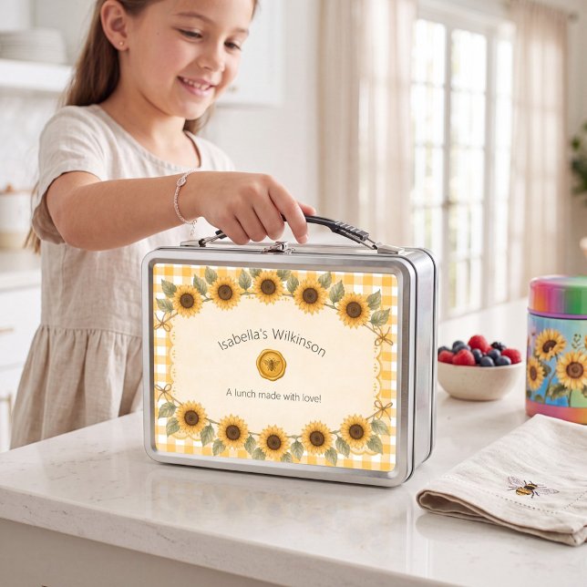 Bee & Sunflower Yellow Gingham kids Lunchbox (Creator Uploaded)