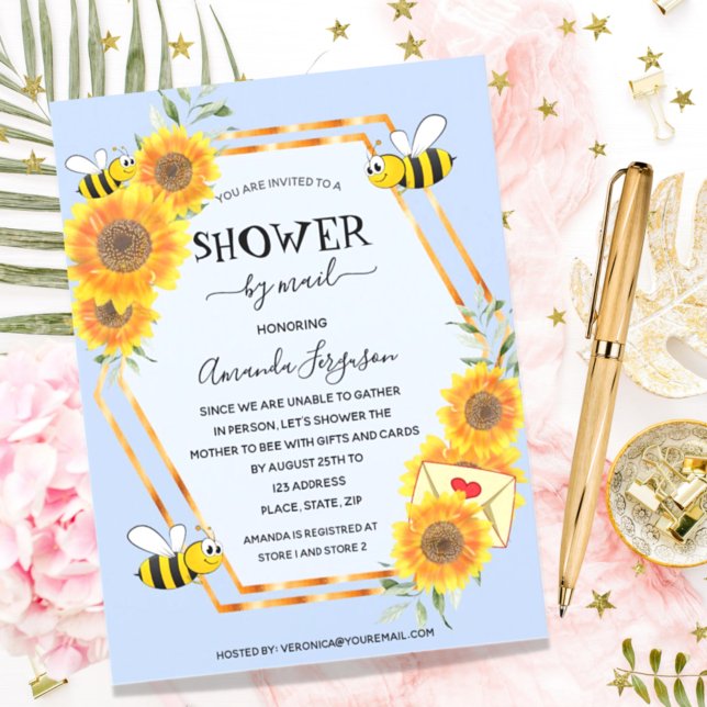 Bee sunflowers boy light blue baby shower by mail invitation (Creator Uploaded)
