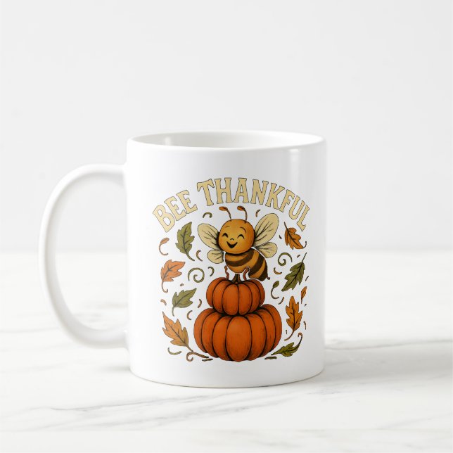 Bee Thankful Autumn Pumpkin Art Coffee Mug (Left)