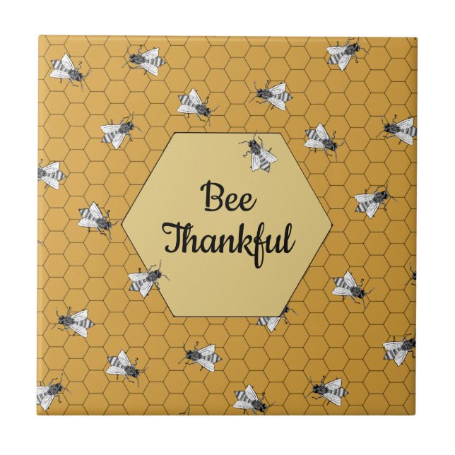 Bee Thankful Honey Bee Quotation Gold Ceramic Tile (Front)