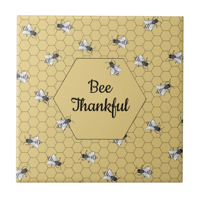 Bee Thankful Quote Light Amber Honeycomb Ceramic Tile (Front)