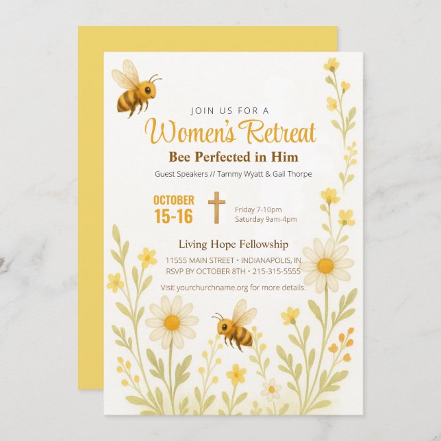 Bee Theme Gold Floral Women's Church Retreat Invitation (Front/Back)