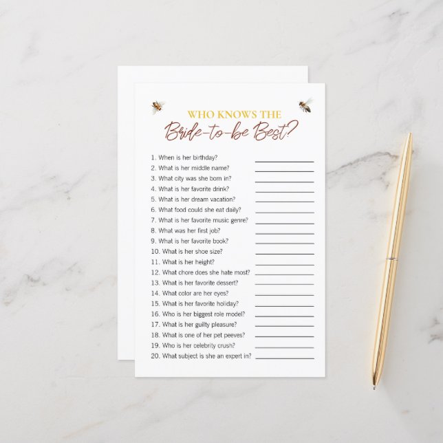 Bee Theme "Who Knows The Bride" Bridal Shower Game (Front/Back In Situ)