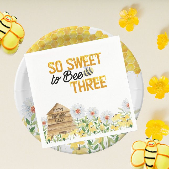 Bee Themed Sweet to Bee Three 3rd Birthday Party Napkin (So Sweet to Bee Three is the perfect bee pun for a 3rd birthday. Napkins with personalized beehive)