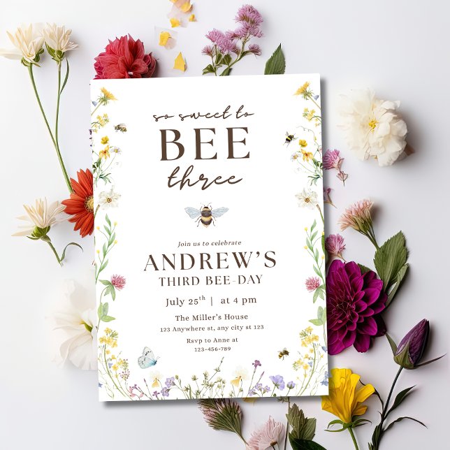 Bee Three Birthday Invitation Floral Bee Party Kid (Creator Uploaded)