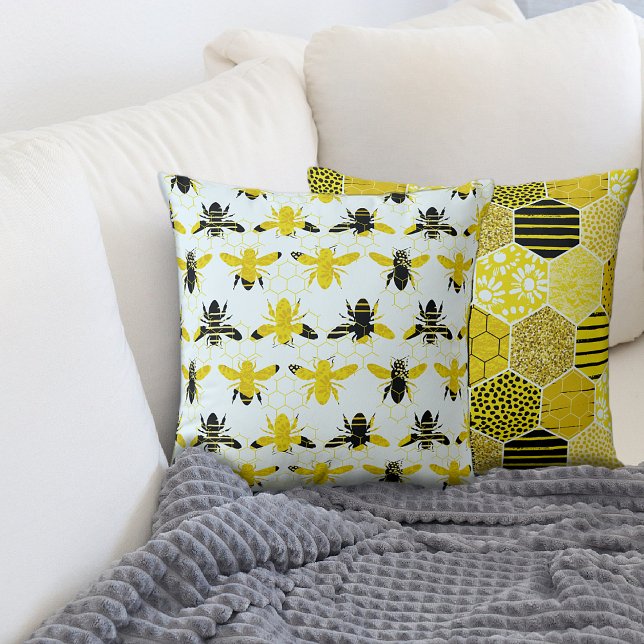 Bee Throw Pillow | Black and Yellow Hexagon Design (Creator Uploaded)