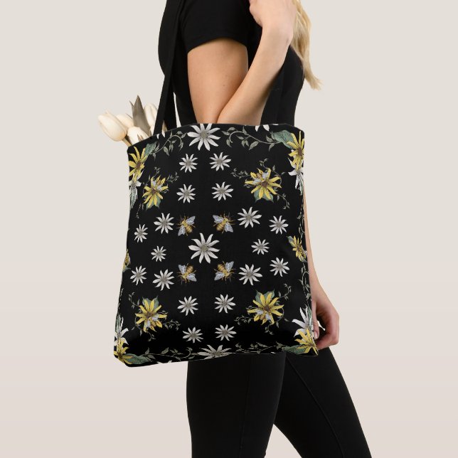 Bee Tote Bag - Floral Tote - Black and Yellow (Close Up)