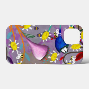Bee tulips purple daisies yellow move bee position iPhone 13 mini case