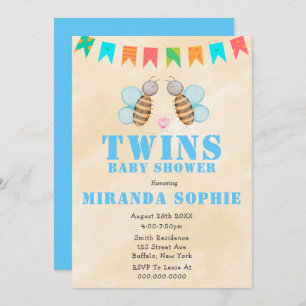 Bee Twins Watercolor Baby Shower Invitations 