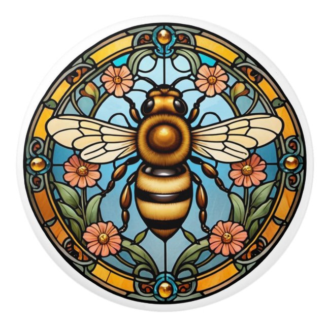 Bee-utiful Stained Glass Honeybee  Ceramic Knob (Front)