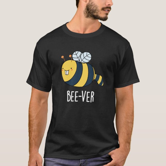 Bee-ver Funny Animal Beaver Bee Pun Dark BG T-Shirt (Front)