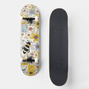 Bee Vintage Floral Patchwork Yellow and Blue Skateboard