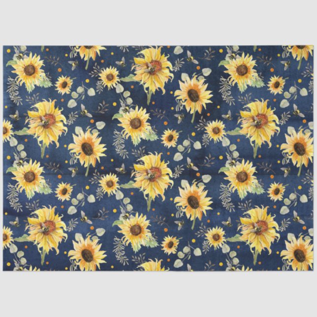 Bee w Sunflower Floral Rustic Navy Wood Decoupage Tissue Paper (Front)