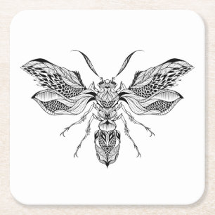 Bee-Wasp Tattoo Square Paper Coaster