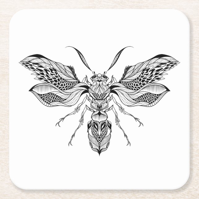 Bee-Wasp Tattoo Square Paper Coaster (Front)