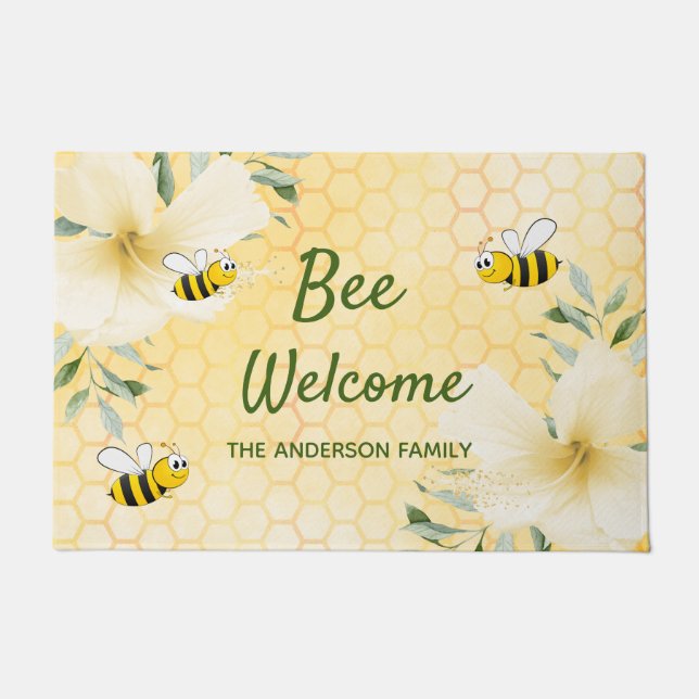 Bee Welcome bumble bees yellow honeycomb name Doormat (Front)