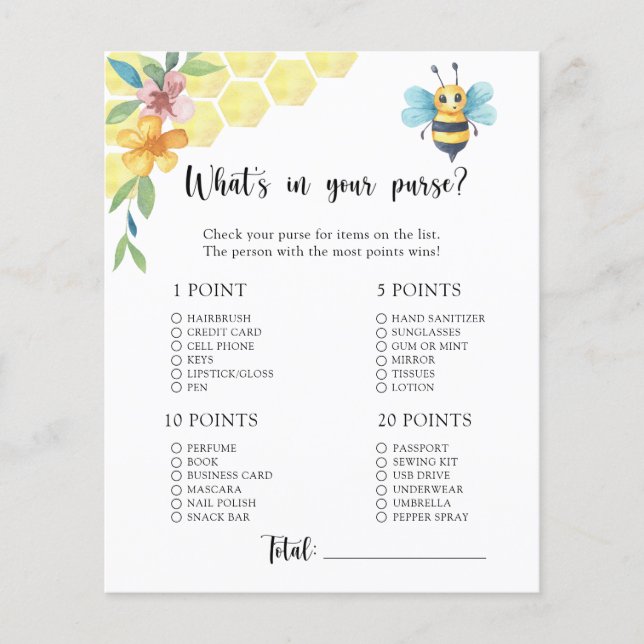 Bee - What's in your purse baby shower game (Front)